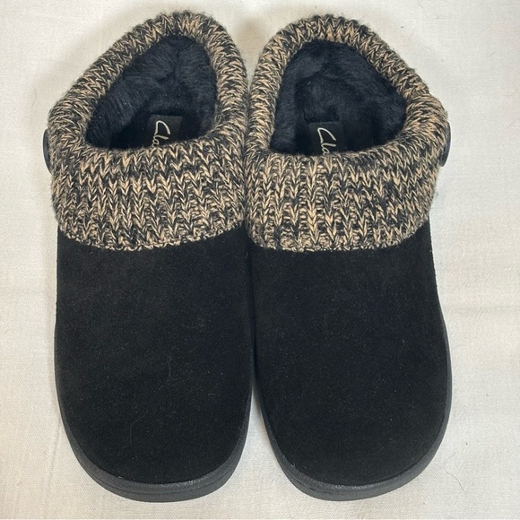 Clarks Angelina Knitted Collar Suede Clog Slipper Mule Shoe-Black-Women Size 9 - Picture 3 of 11